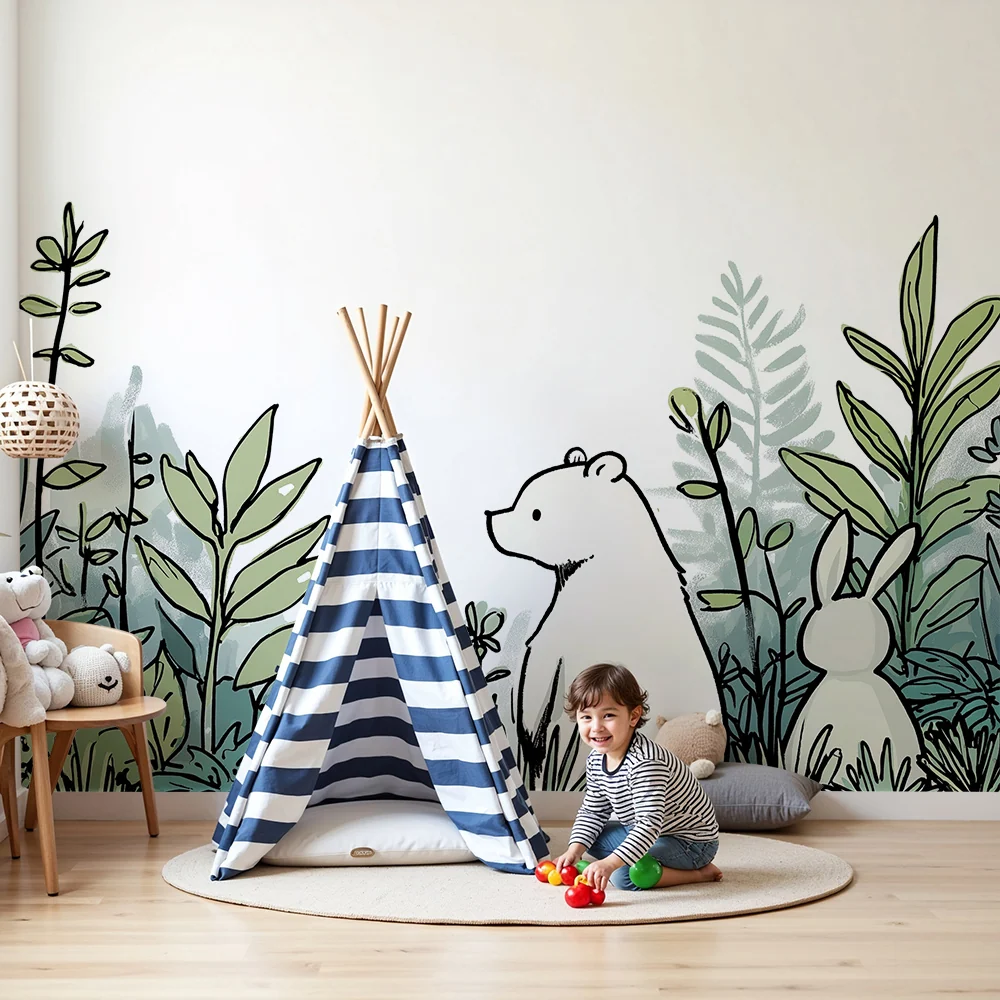 Papel de parede crianç | Urso e coelho em vegetação luxuriante