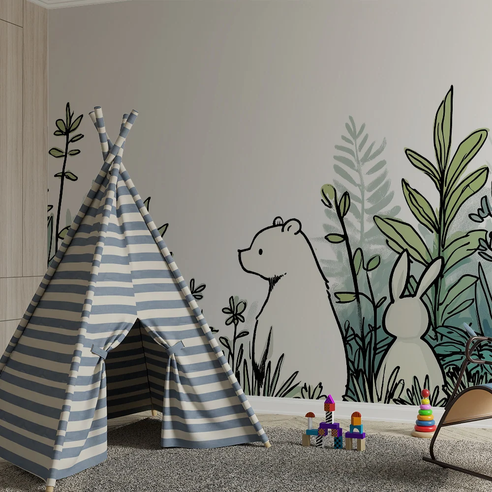 Papel de parede crianç | Urso e coelho em vegetação luxuriante