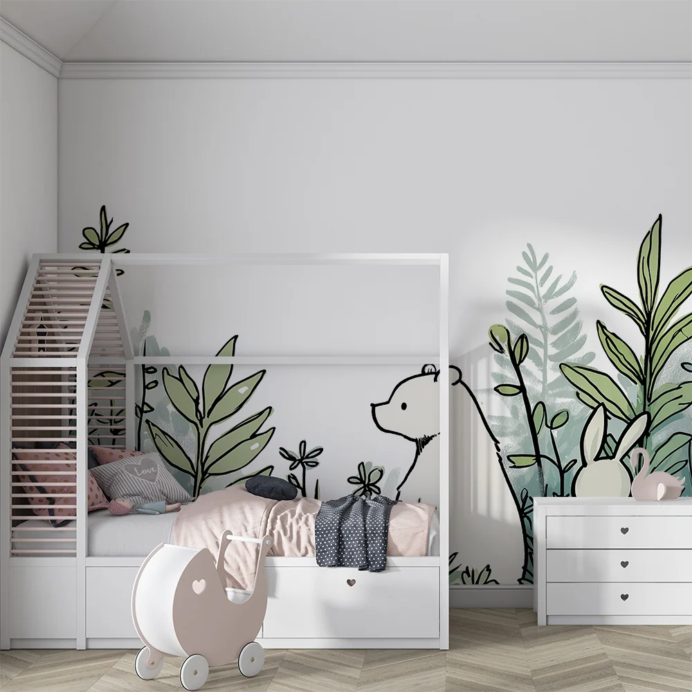 Papel de parede crianç | Urso e coelho em vegetação luxuriante