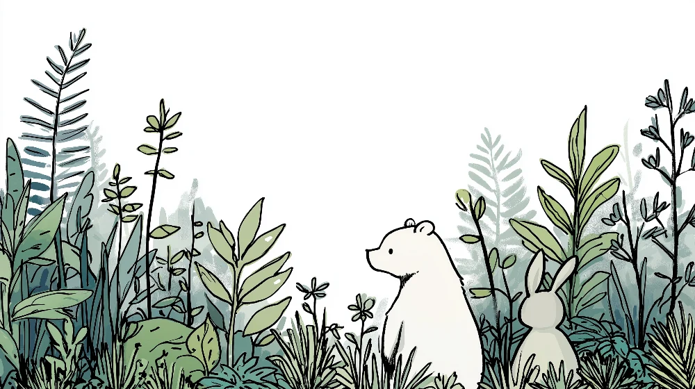 Papel de parede crianç | Urso e coelho em vegetação luxuriante