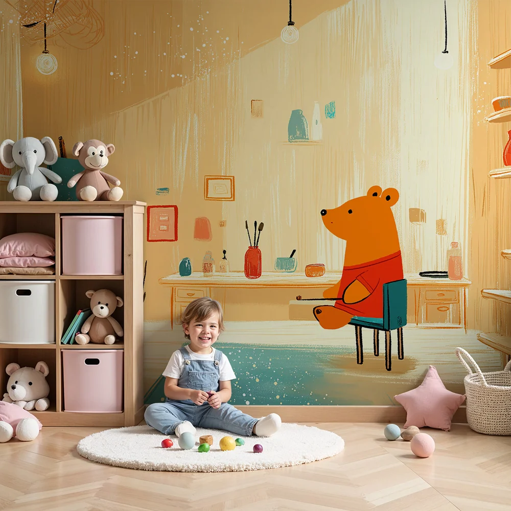 Papel de parede crianç | Urso criativo em um estúdio colorido