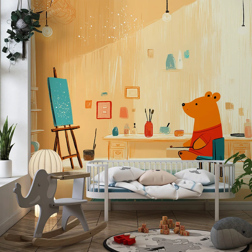Papel de parede crianç | Urso criativo em um estúdio colorido