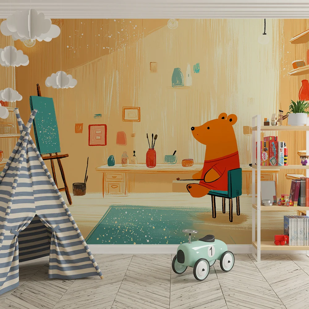 Papel de parede crianç | Urso criativo em um estúdio colorido