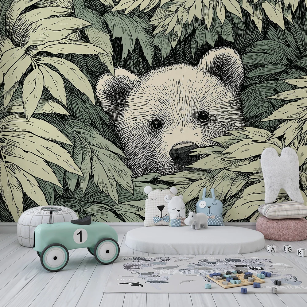 Papel de parede crianç | Urso curioso escondido na vegetação luxuriante