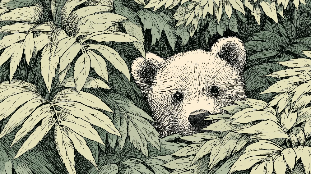 Papel de parede crianç | Urso curioso escondido na vegetação luxuriante
