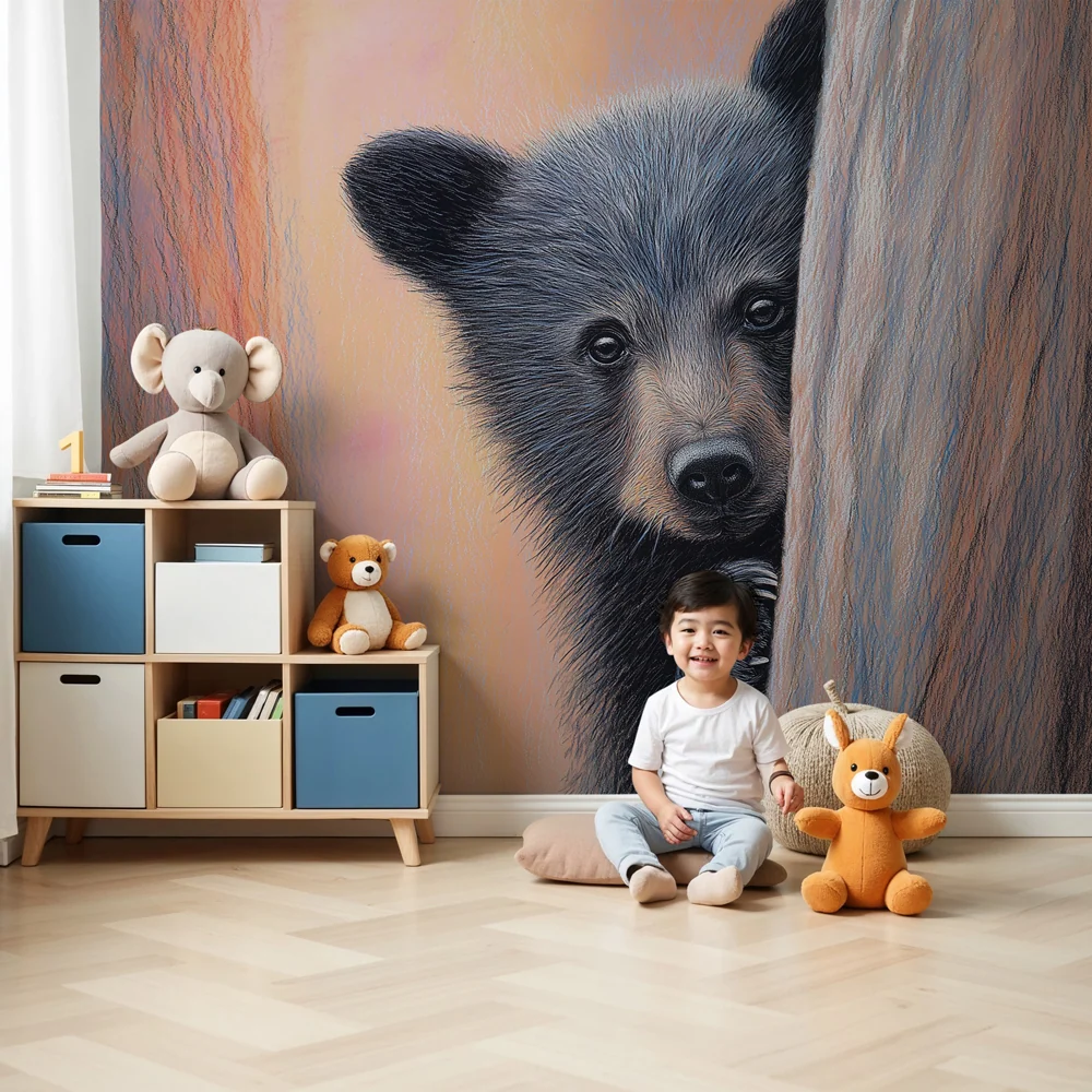 Papel de parede crianç | Urso curioso na floresta