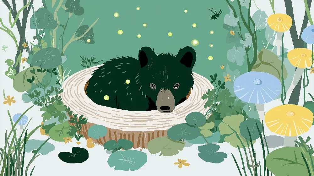 Papel de parede crianç | Urso curioso em um ninho cercado por vegetação