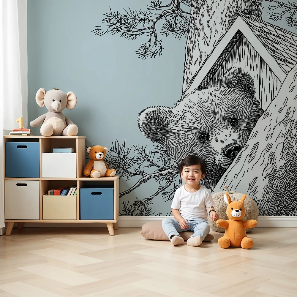 Papel de parede crianç | Urso curioso numa árvore