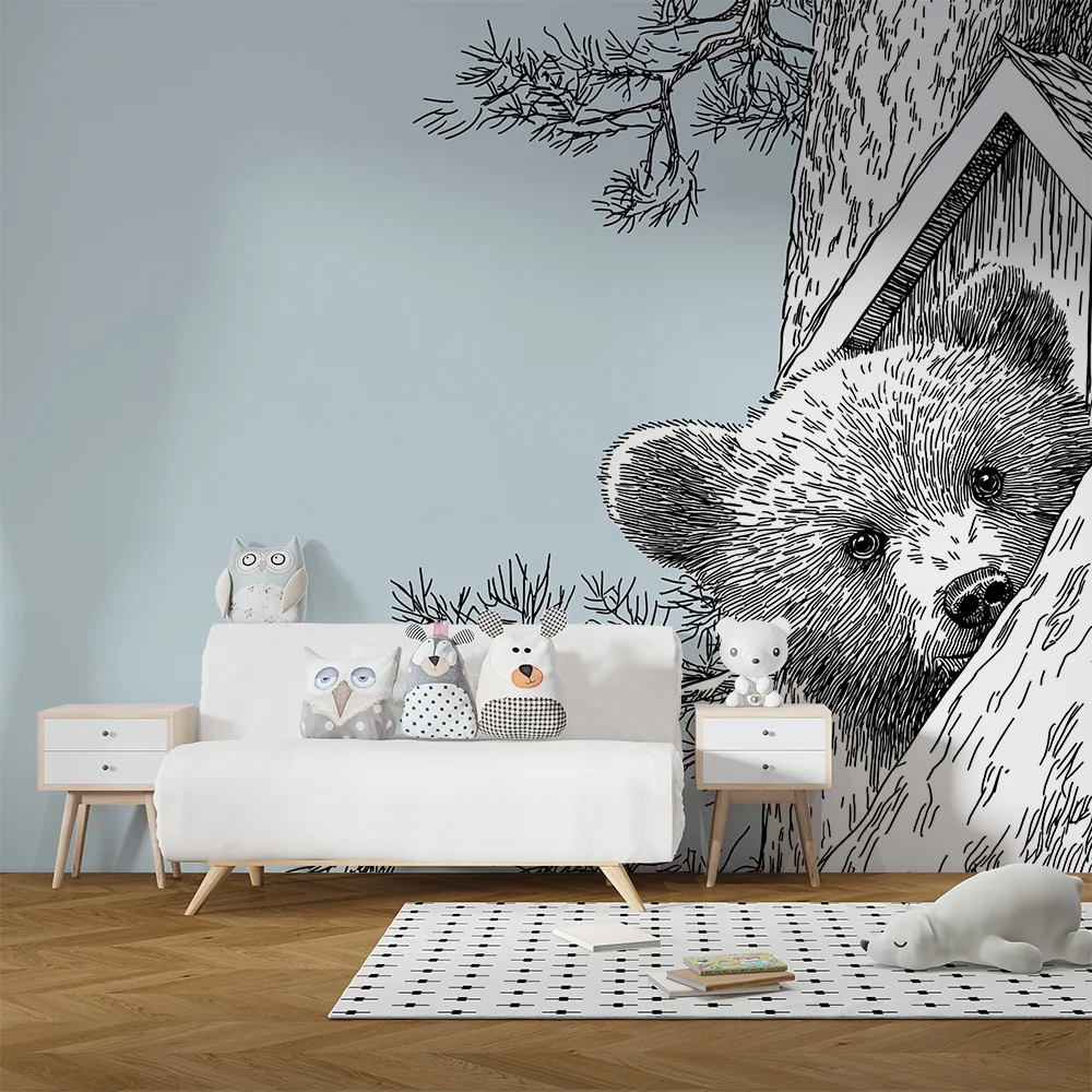 Papel de parede crianç | Urso curioso numa árvore