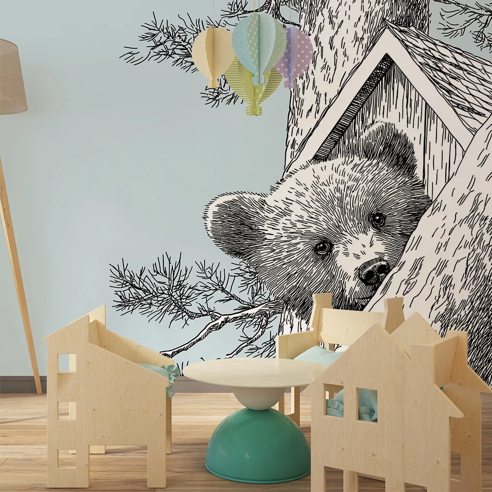 Papel de parede crianç | Urso curioso numa árvore