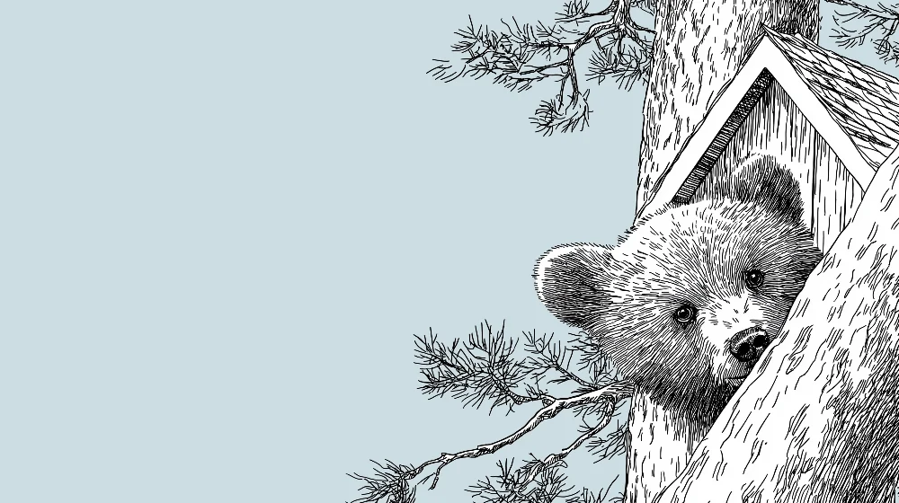 Papel de parede crianç | Urso curioso numa árvore