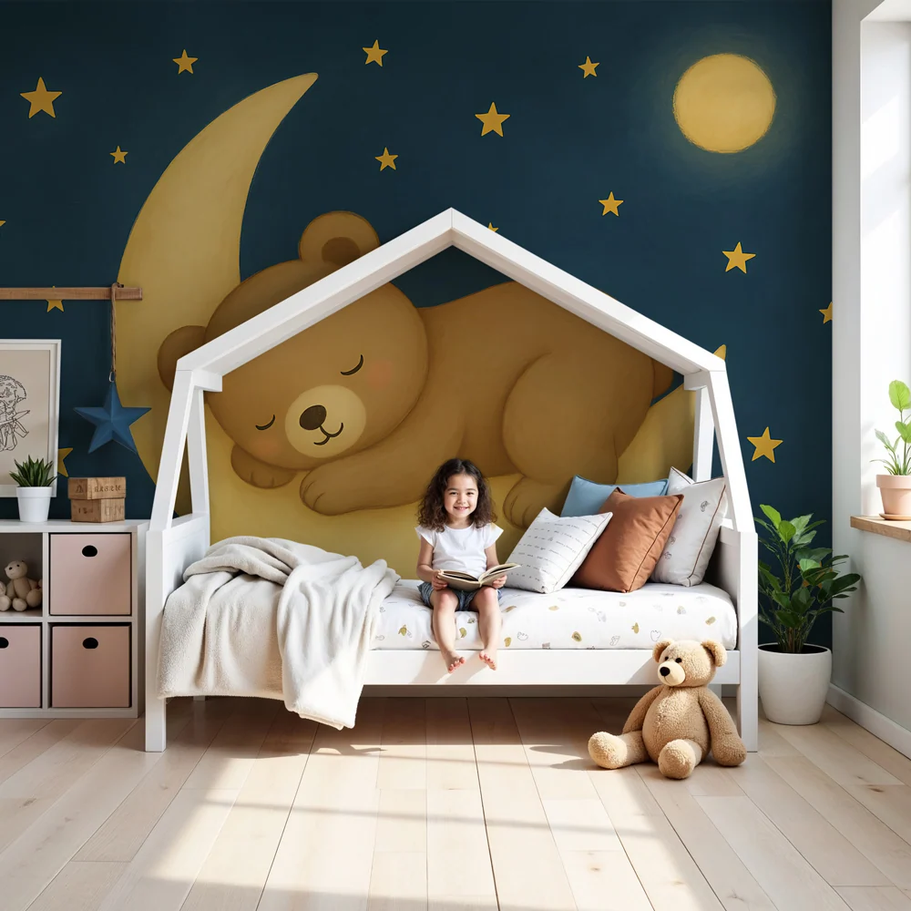 Papel de parede crianç | Urso dormir na lua