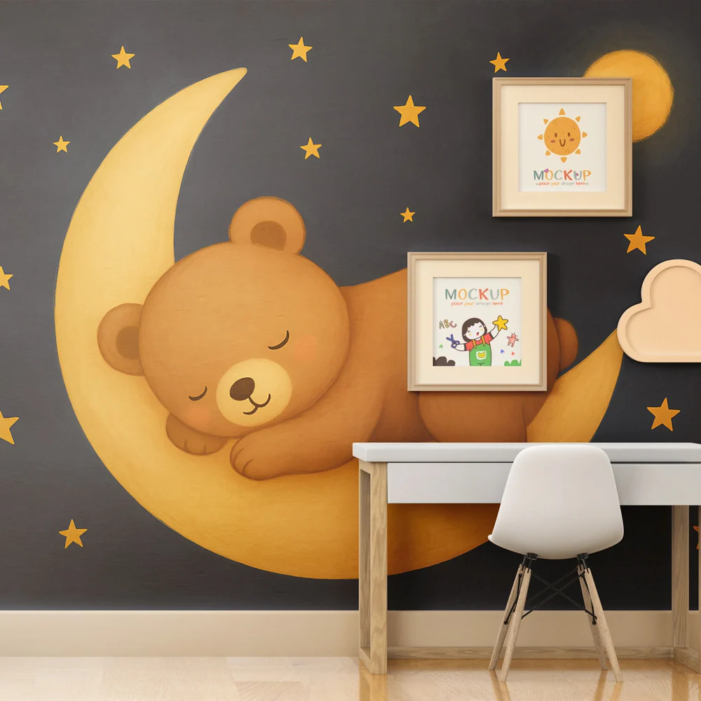 Papel de parede crianç | Urso dormir na lua