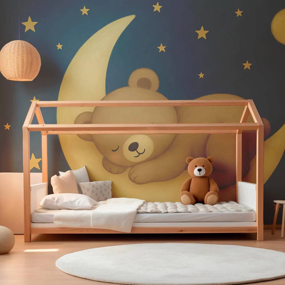 Papel de parede crianç | Urso dormir na lua