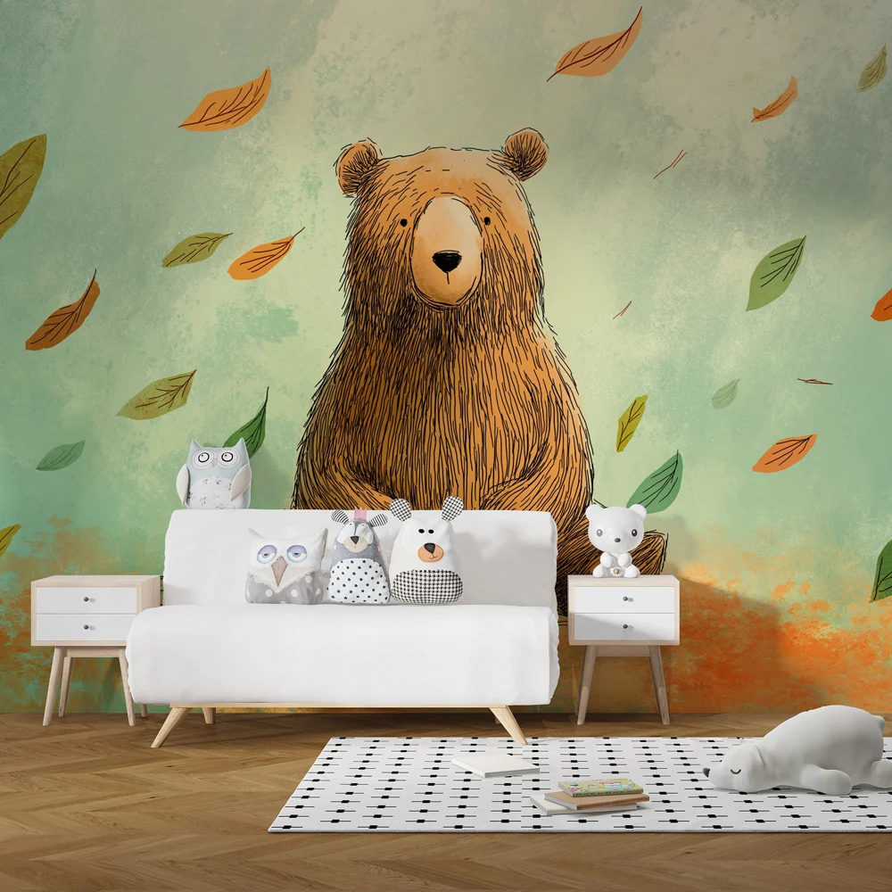 Papel de parede crianç | Urso fofo e folhas caídas