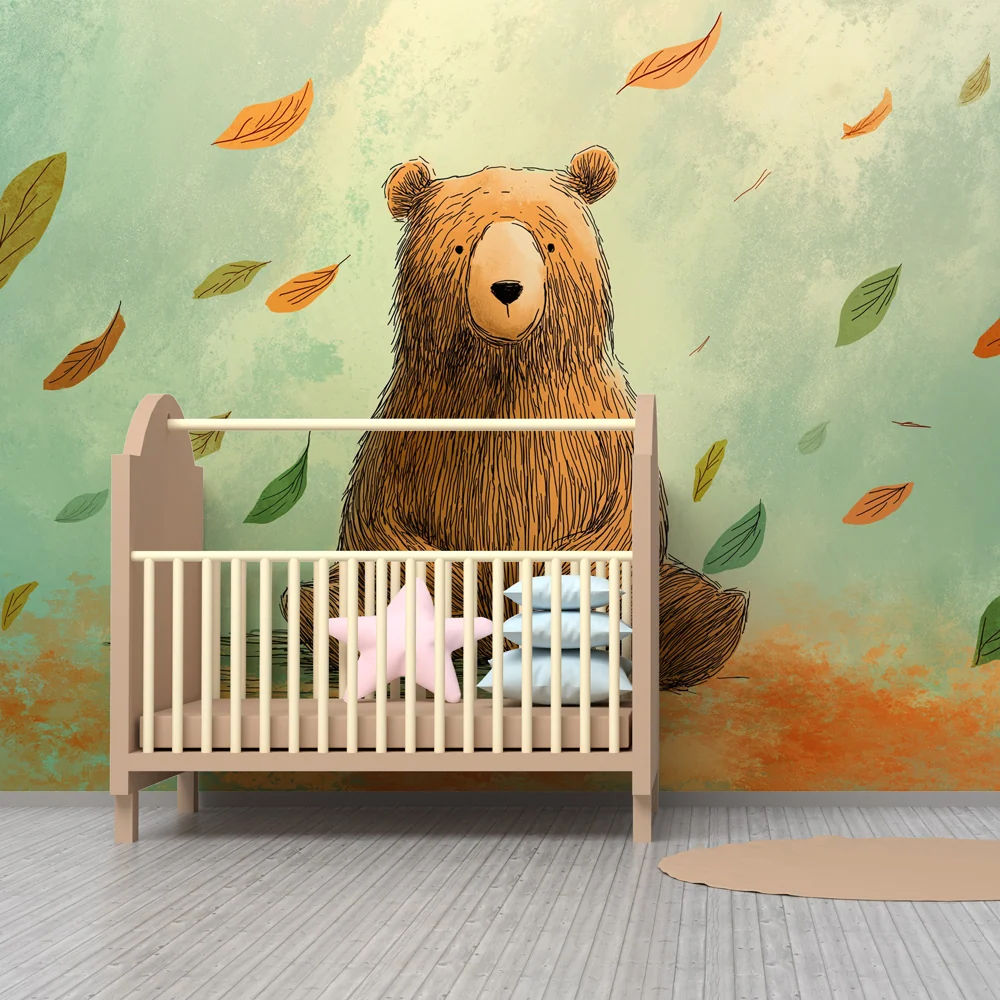 Papel de parede crianç | Urso fofo e folhas caídas