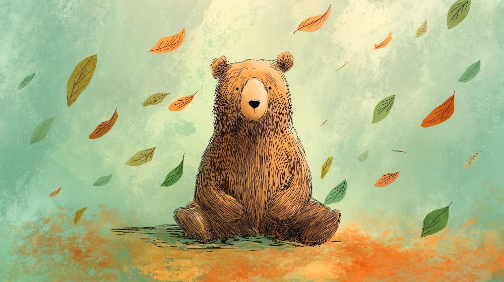 Papel de parede crianç | Urso fofo e folhas caídas