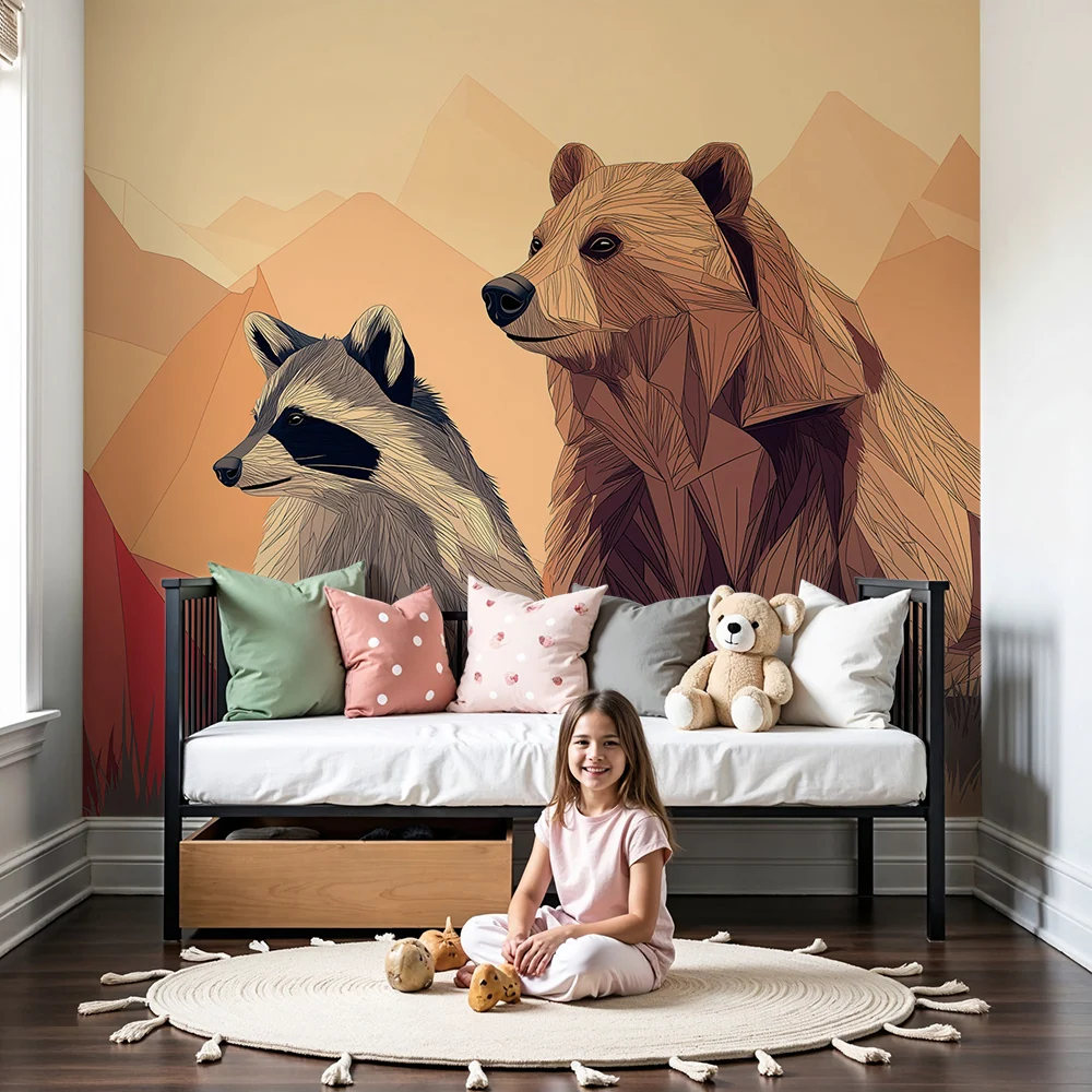 Papel de parede crianç | Urso e guaxinim num cenário de montanha colorido