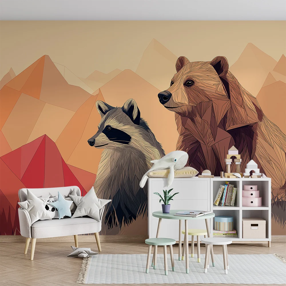 Papel de parede crianç | Urso e guaxinim num cenário de montanha colorido