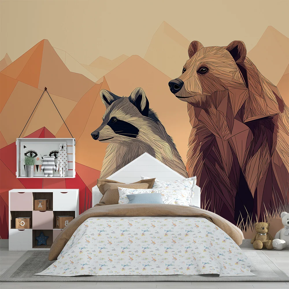 Papel de parede crianç | Urso e guaxinim num cenário de montanha colorido