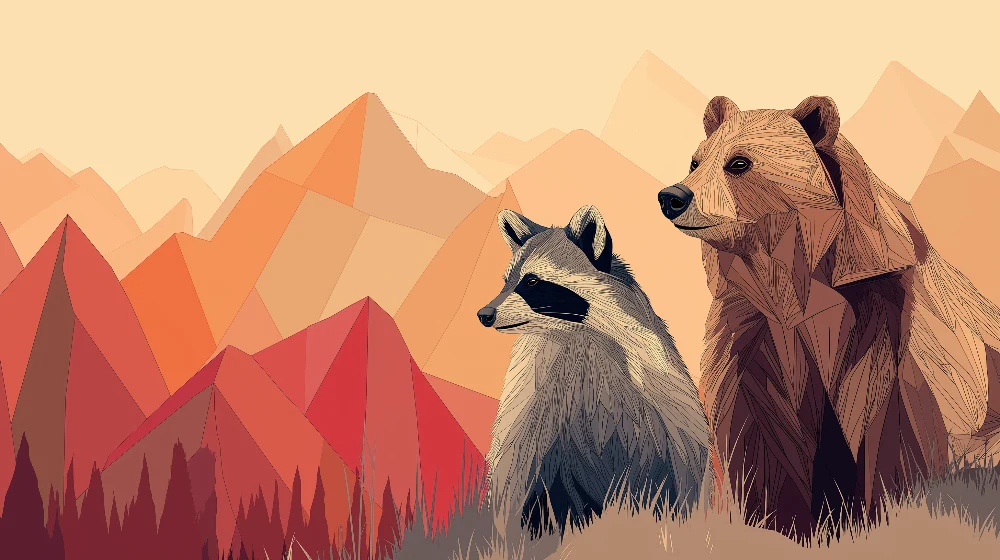 Papel de parede crianç | Urso e guaxinim num cenário de montanha colorido