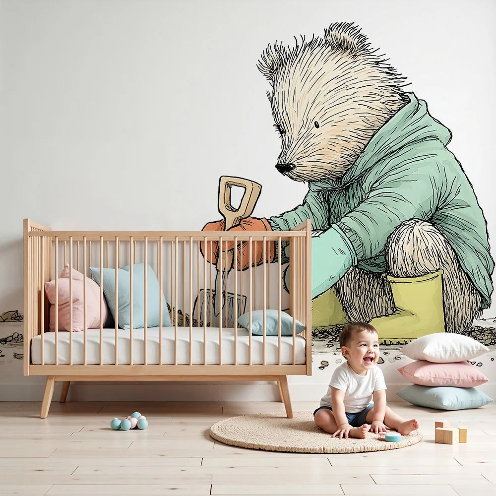 Papel de parede crianç | Urso jardineiro em plena aventura