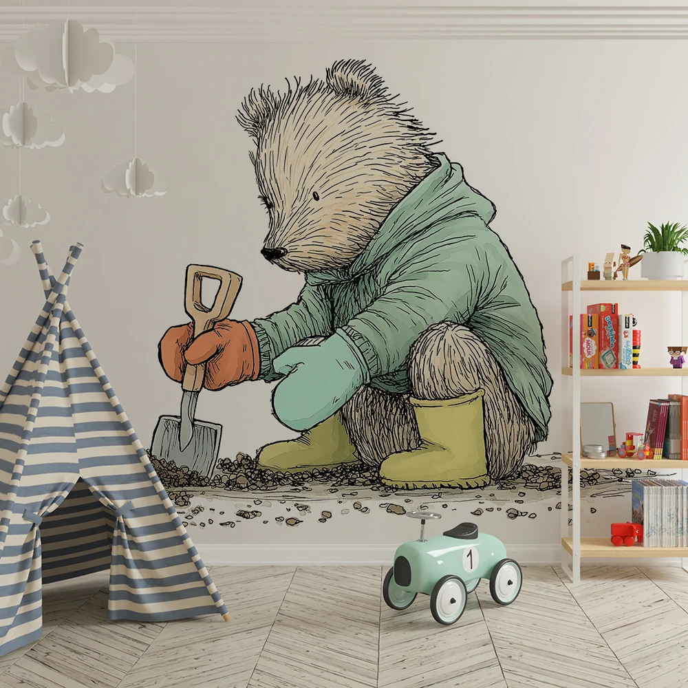 Papel de parede crianç | Urso jardineiro em plena aventura