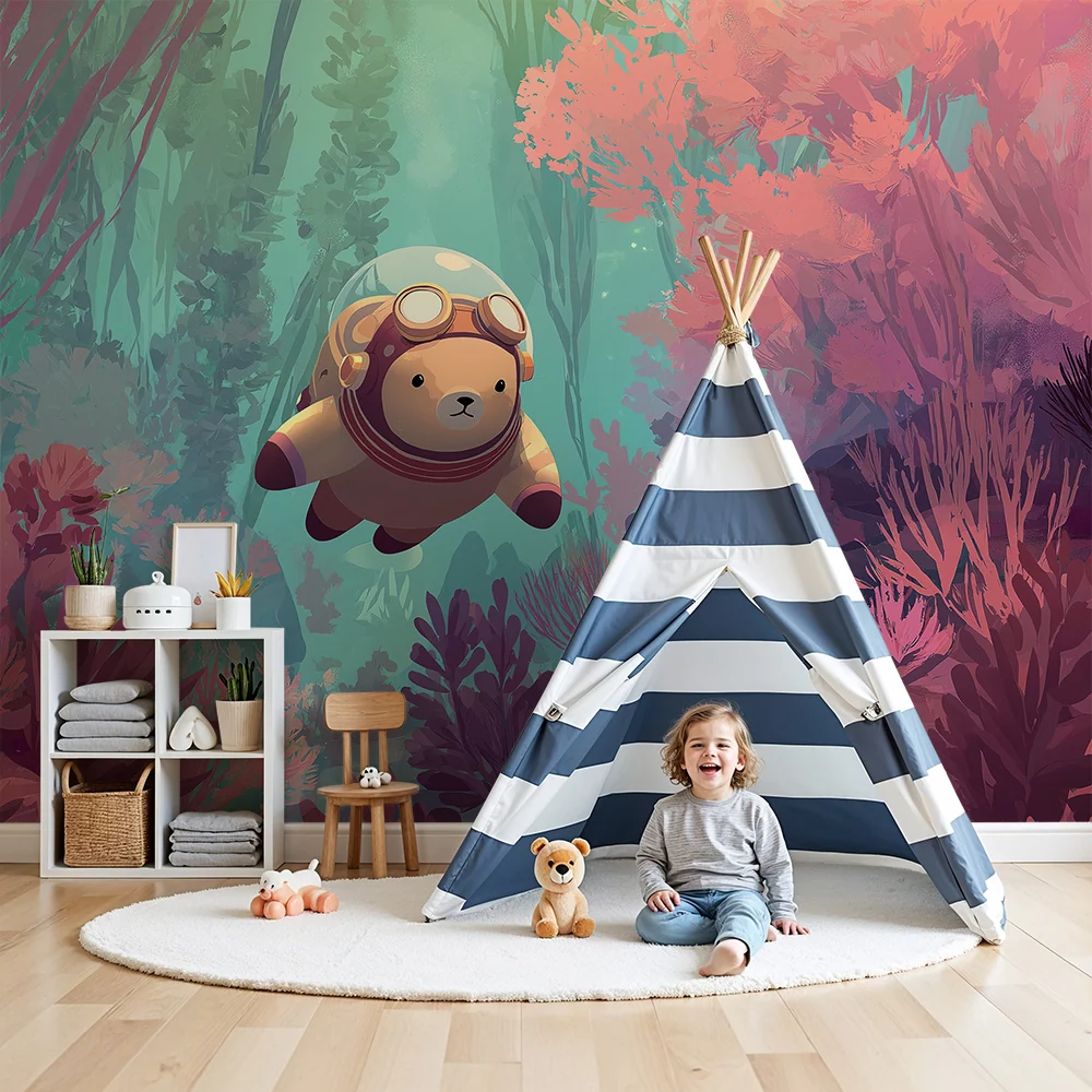 Papel de parede crianç | Urso mergulhador explorando um mundo subaquático colorido
