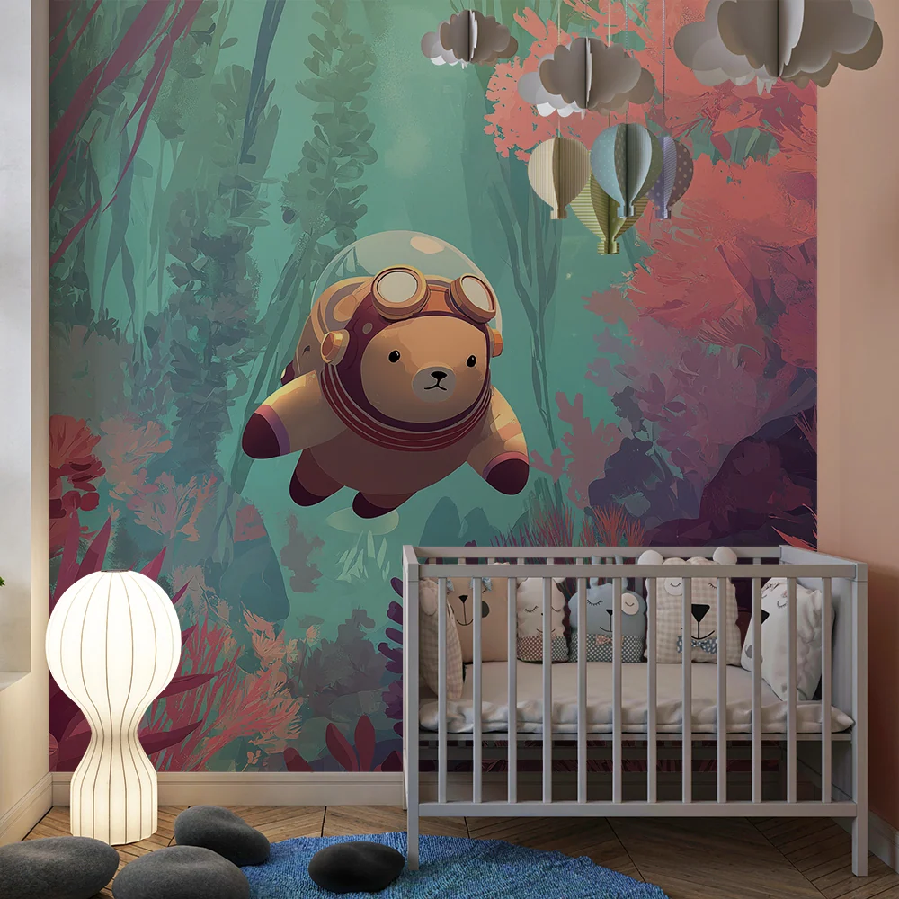 Papel de parede crianç | Urso mergulhador explorando um mundo subaquático colorido