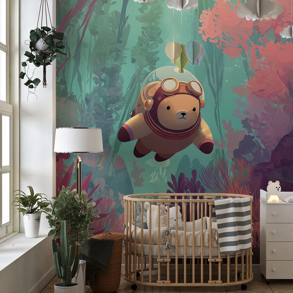 Papel de parede crianç | Urso mergulhador explorando um mundo subaquático colorido