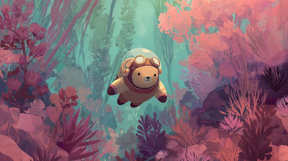 Papel de parede crianç | Urso mergulhador explorando um mundo subaquático colorido