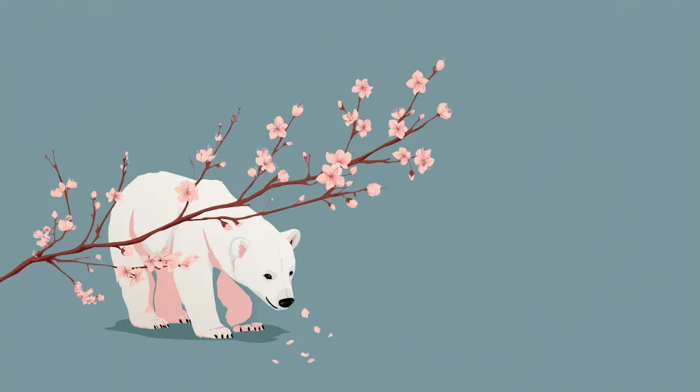 Papel de parede crianç | Urso polar debaixo de um ramo de cerejeira em flor