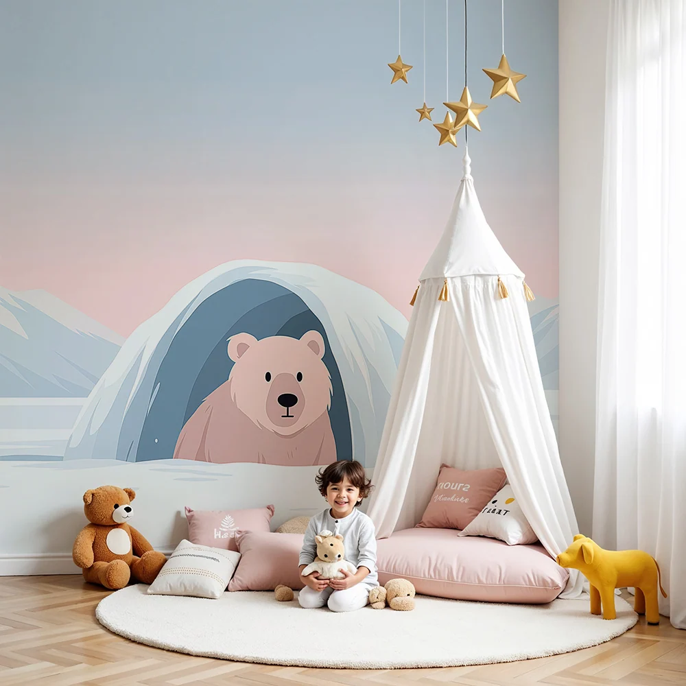 Papel de parede crianç | Urso polar num iglu sob um céu pastel