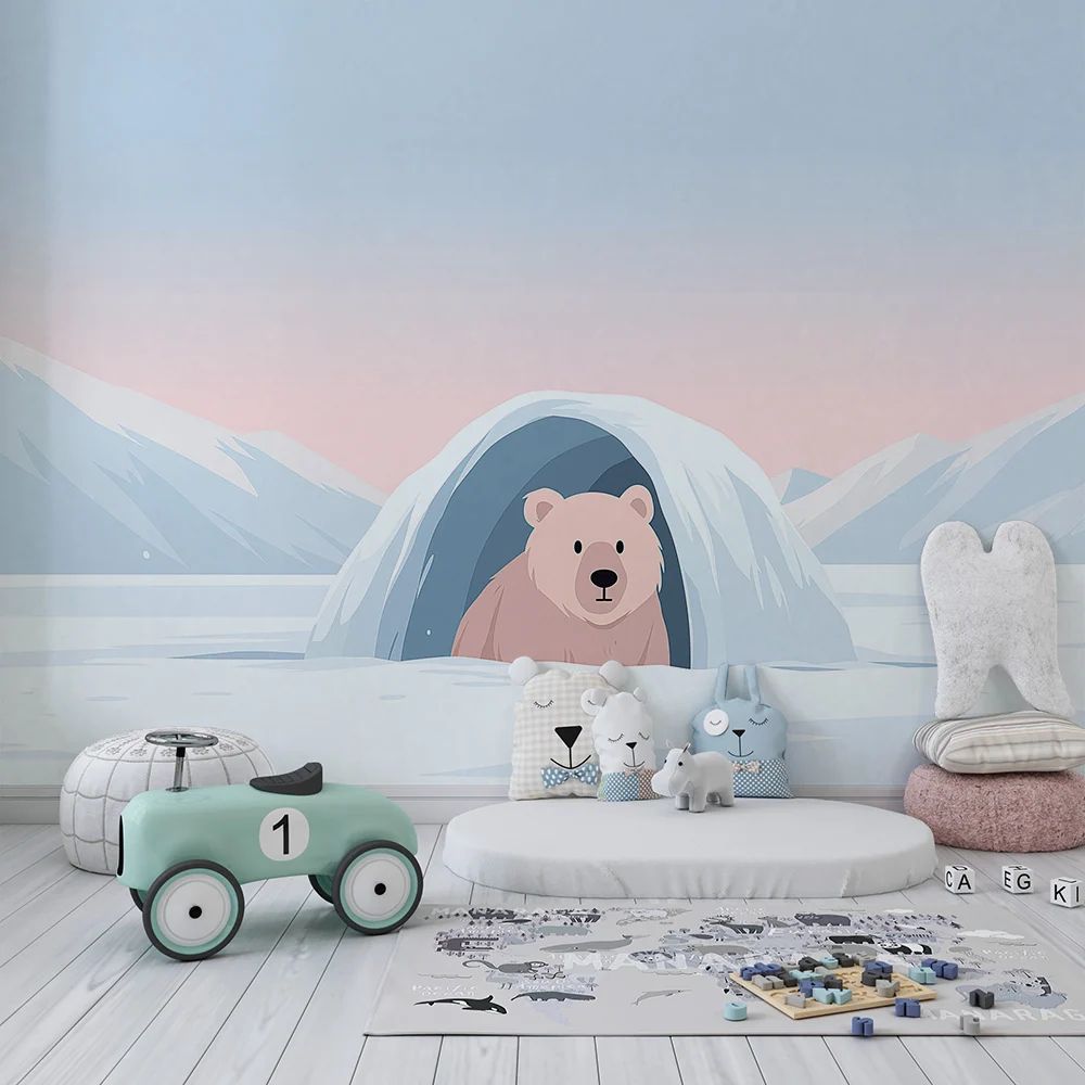 Papel de parede crianç | Urso polar num iglu sob um céu pastel