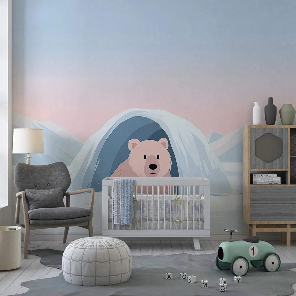 Papel de parede crianç | Urso polar num iglu sob um céu pastel