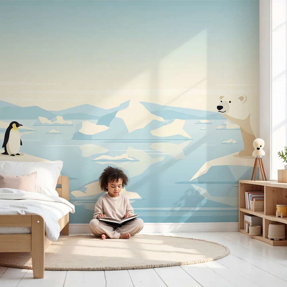 Papel de parede crianç | Urso polar e pinguim em um iceberg