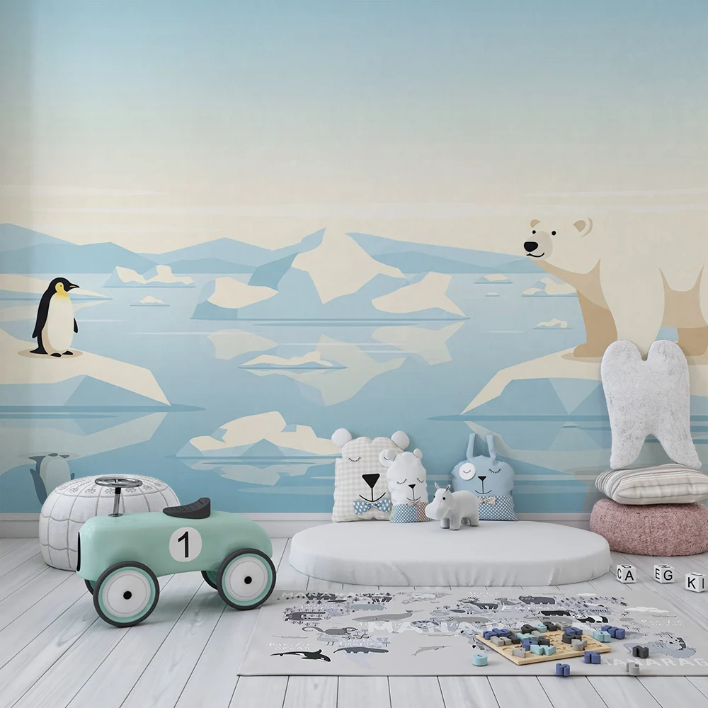 Papel de parede crianç | Urso polar e pinguim em um iceberg