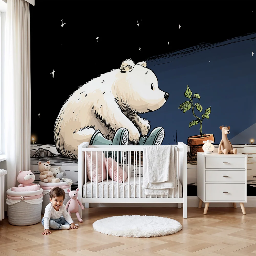Papel de parede crianç | Um urso polar e sua planta sob as estrelas