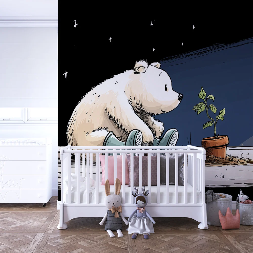 Papel de parede crianç | Um urso polar e sua planta sob as estrelas