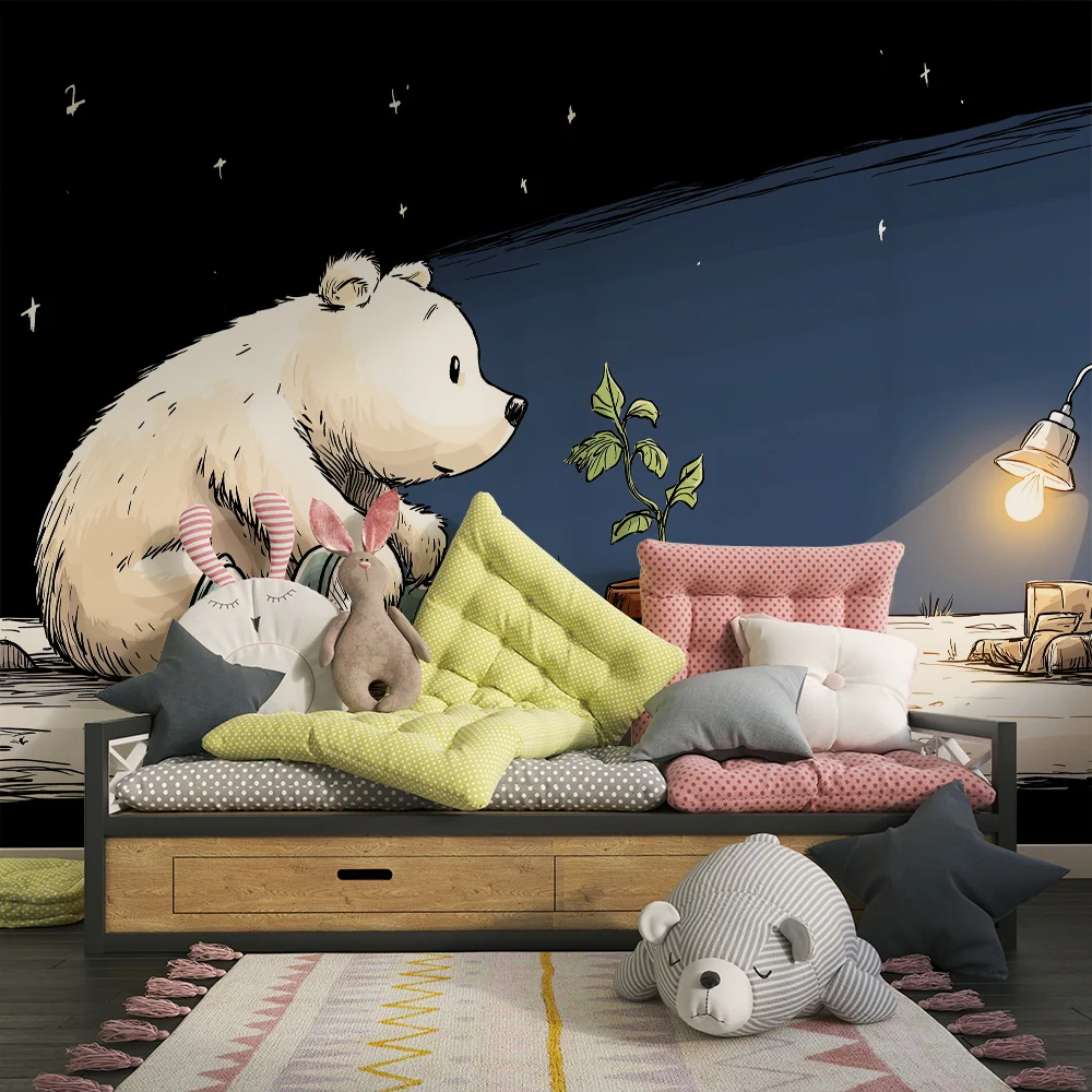 Papel de parede crianç | Um urso polar e sua planta sob as estrelas
