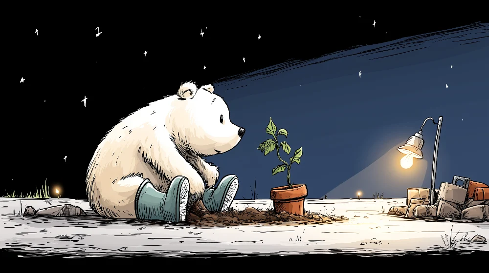 Papel de parede crianç | Um urso polar e sua planta sob as estrelas
