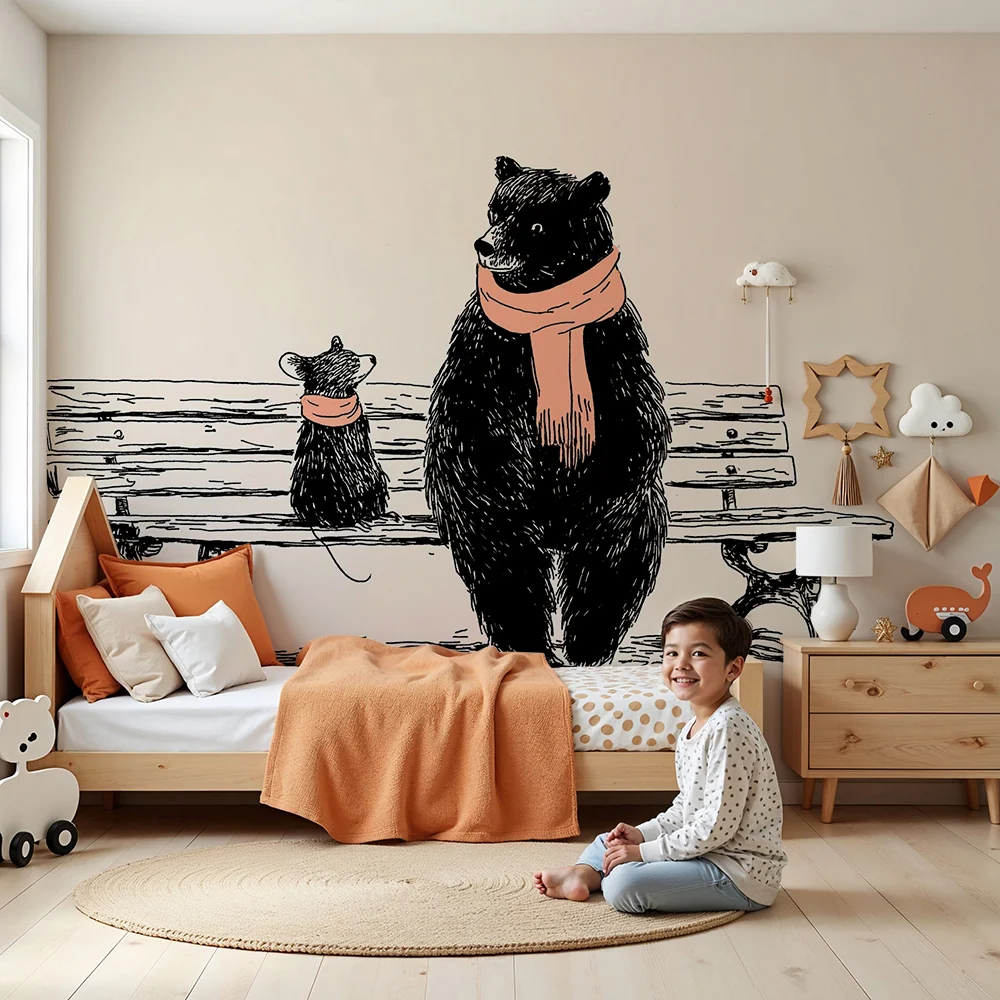 Papel de parede crianç | Urso e rato em um banco com cachecóis coloridos