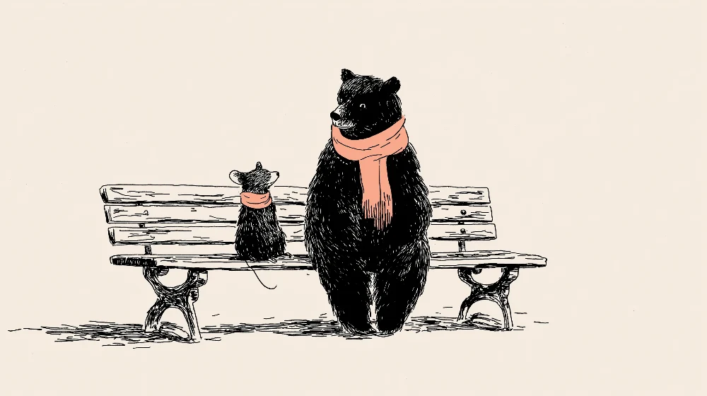 Papel de parede crianç | Urso e rato em um banco com cachecóis coloridos