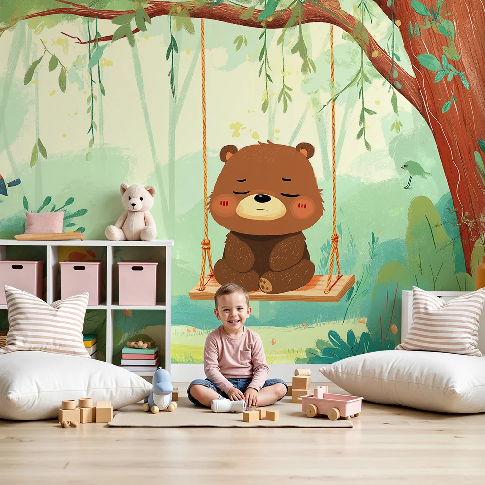 Papel de parede crianç | Urso tranquilo em um balanço cercado por pássaros coloridos