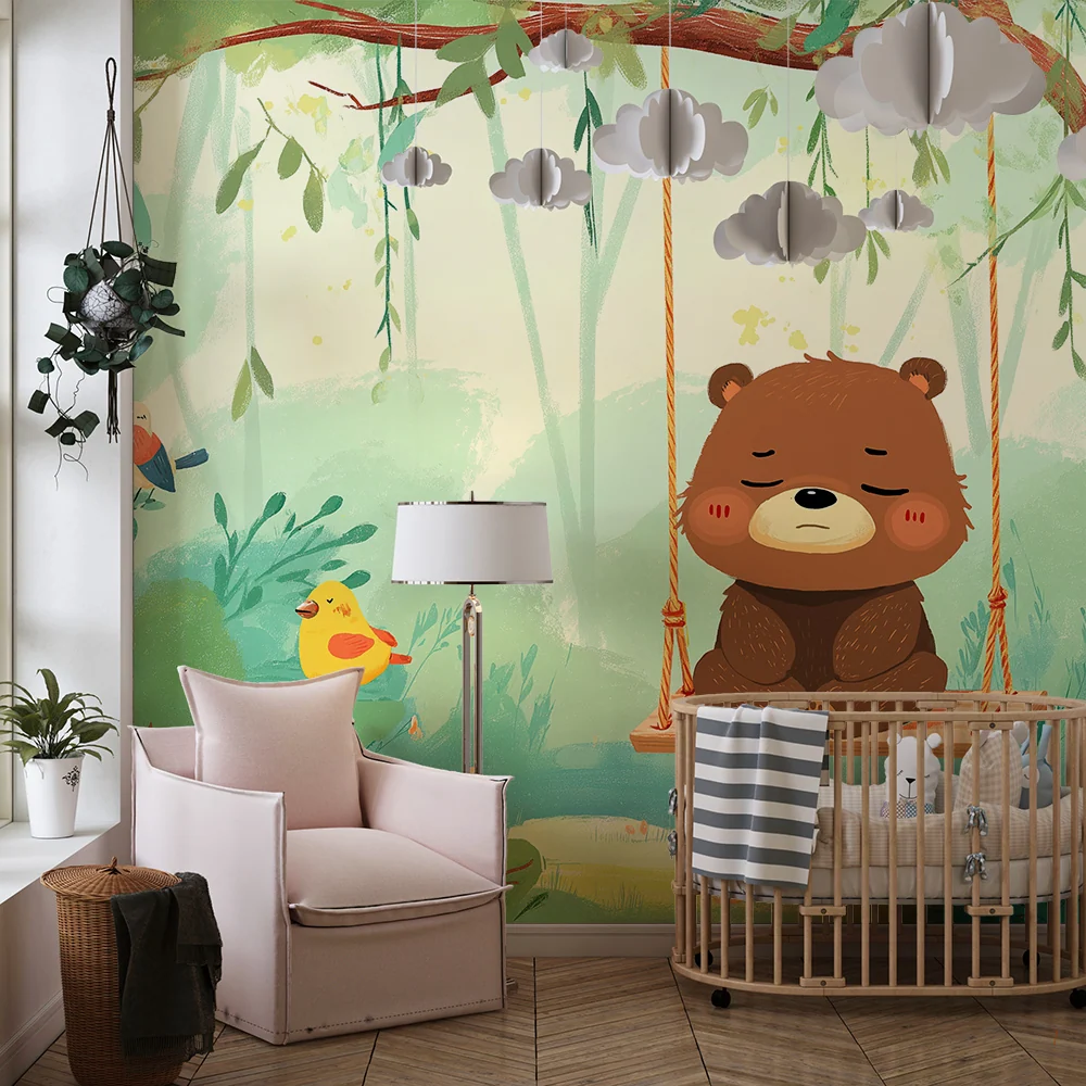 Papel de parede crianç | Urso tranquilo em um balanço cercado por pássaros coloridos