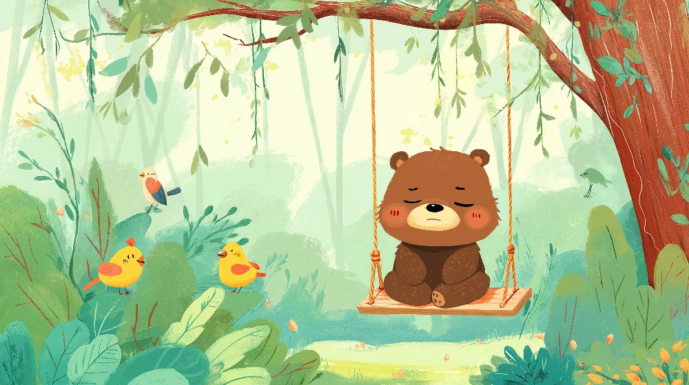 Papel de parede crianç | Urso tranquilo em um balanço cercado por pássaros coloridos