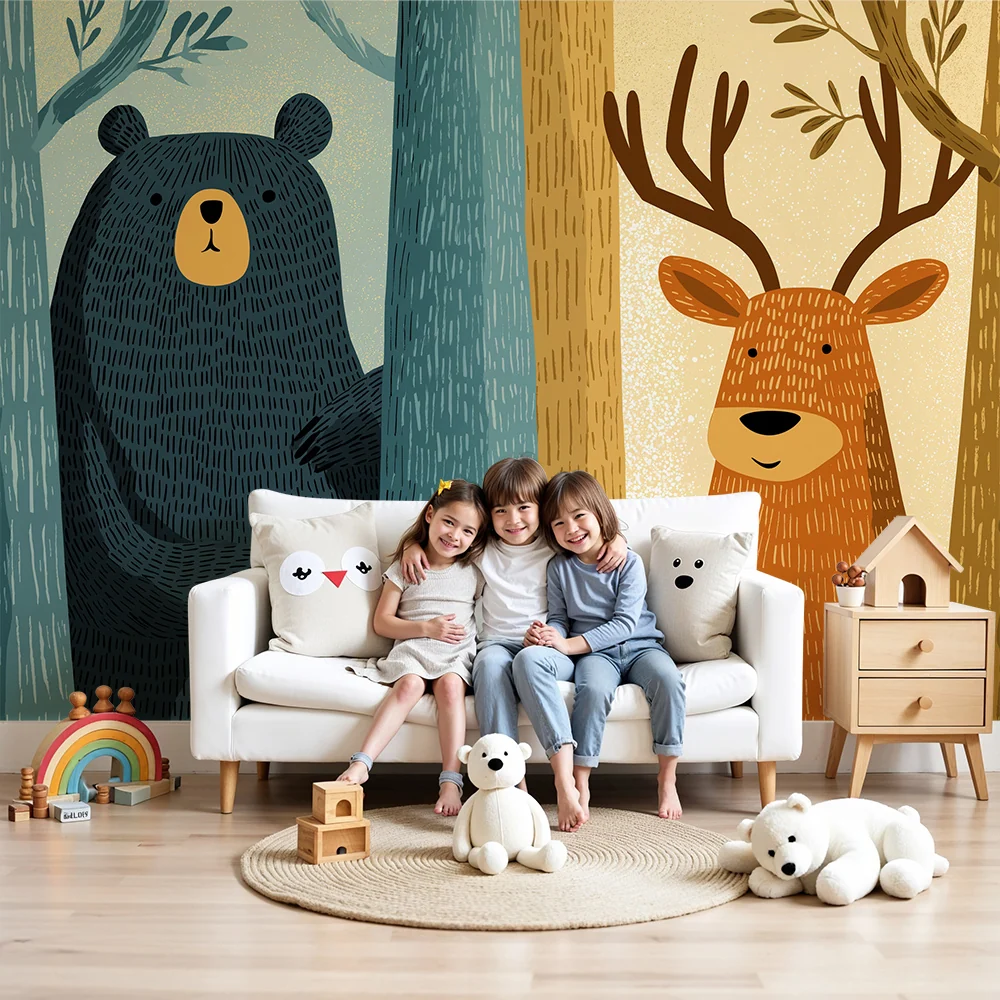 Papel de parede crianç | Urso e veado numa floresta colorida