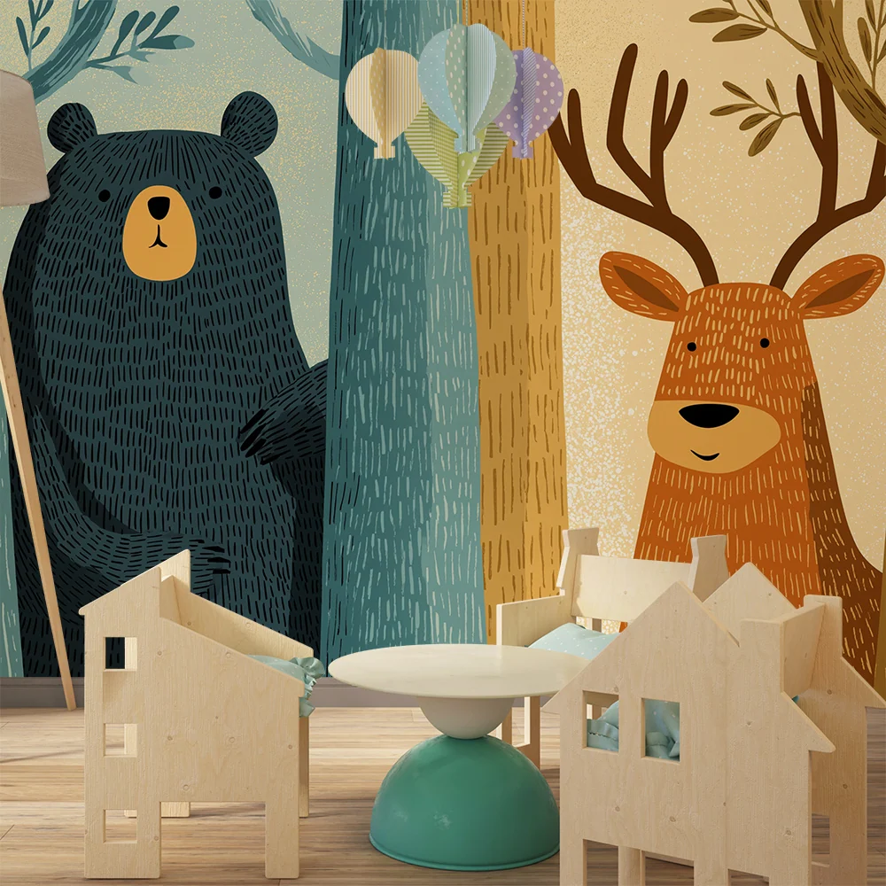 Papel de parede crianç | Urso e veado numa floresta colorida