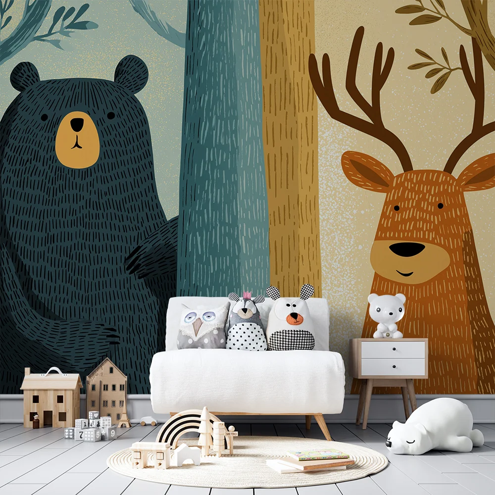 Papel de parede crianç | Urso e veado numa floresta colorida