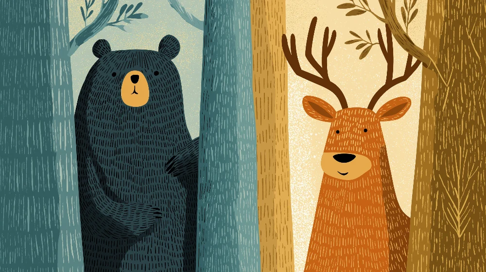 Papel de parede crianç | Urso e veado numa floresta colorida